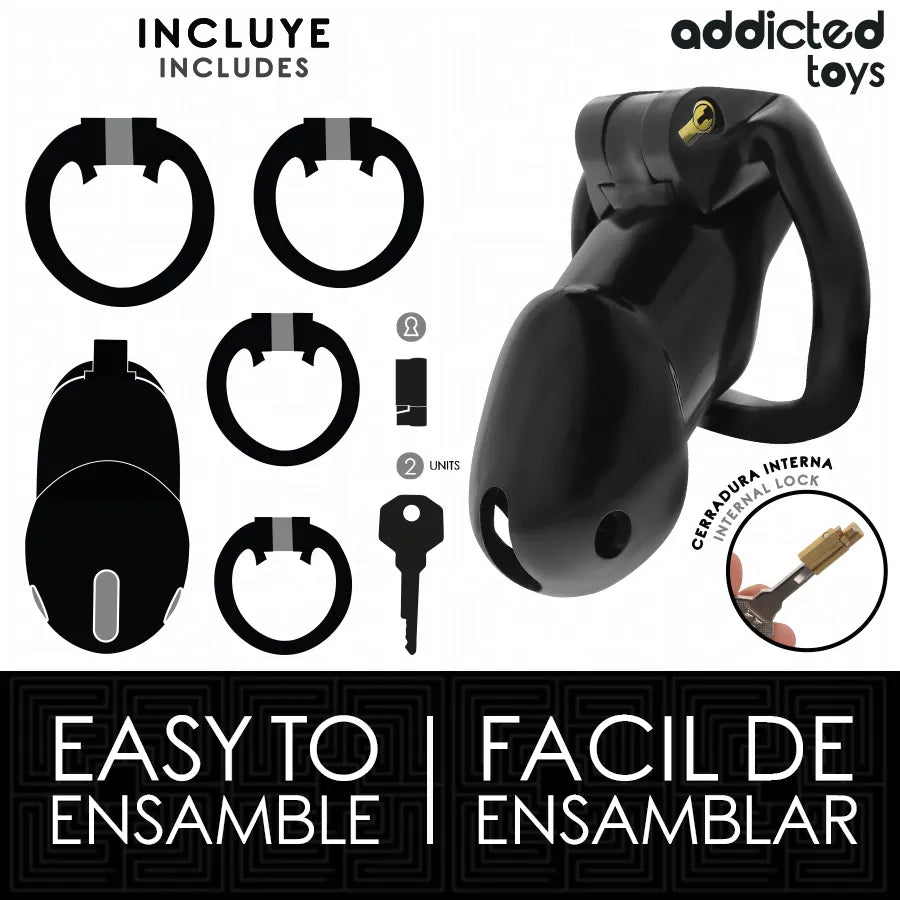 Cage de chasteté noire Addicted Toys avec anneaux ajustables, serrure de sécurité, design ergonomique pour domination.