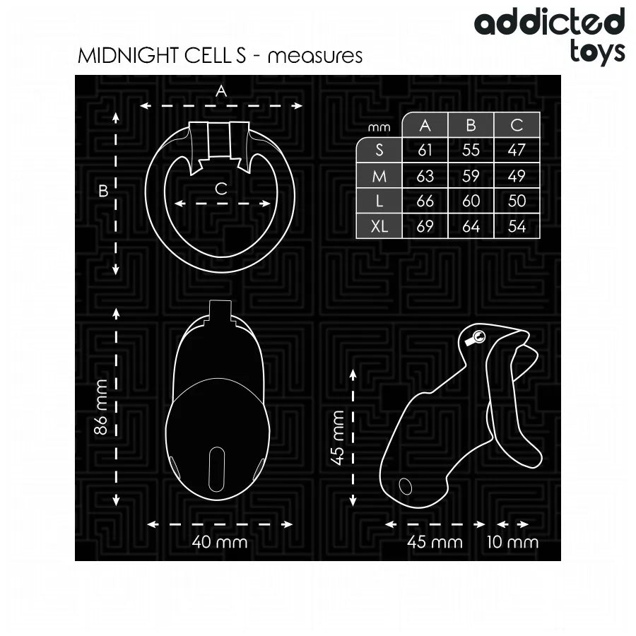 Cage de chasteté noire Addicted Toys avec anneaux ajustables, design ergonomique, dimensions détaillées en fond noir.