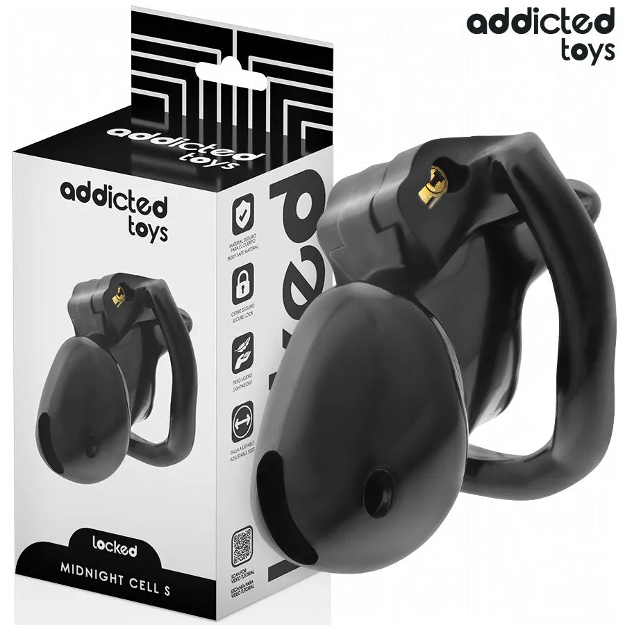 Cage de chasteté noire Addicted Toys avec anneaux ajustables, sécurité et confort pour jeux de domination et intimité.