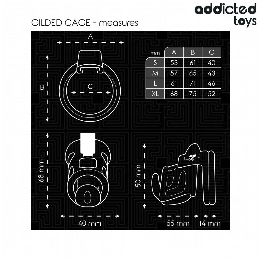 Cage chasteté métal Addicted Toys taille M, design robuste, sécurité durable, dimensions détaillées, ajustement confortable.