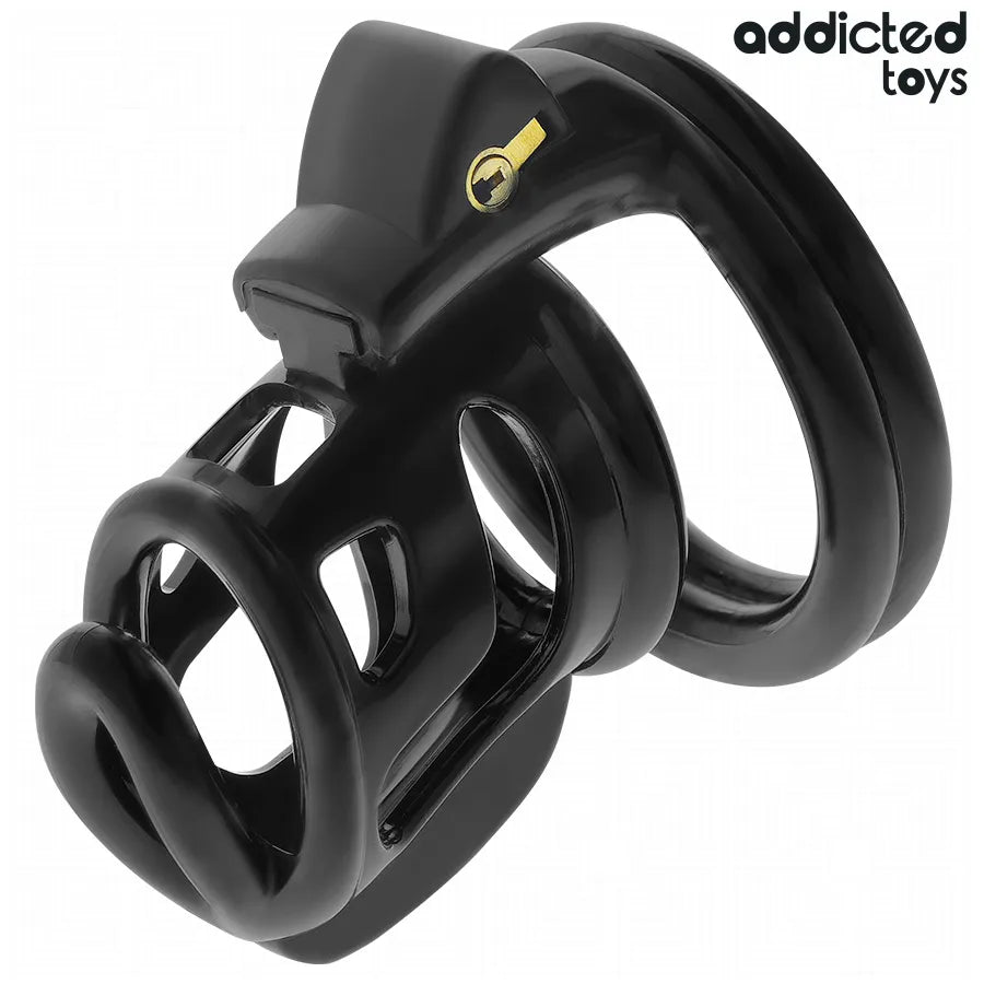 Cage de chasteté en métal noir Addicted Toys, taille M, avec serrure dorée, design robuste et sécurisé.