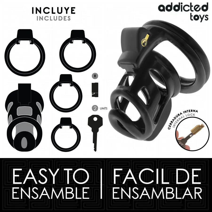 Cage de chasteté en métal noir taille M, sécurité renforcée, design robuste Addicted Toys, avec serrure et clé.