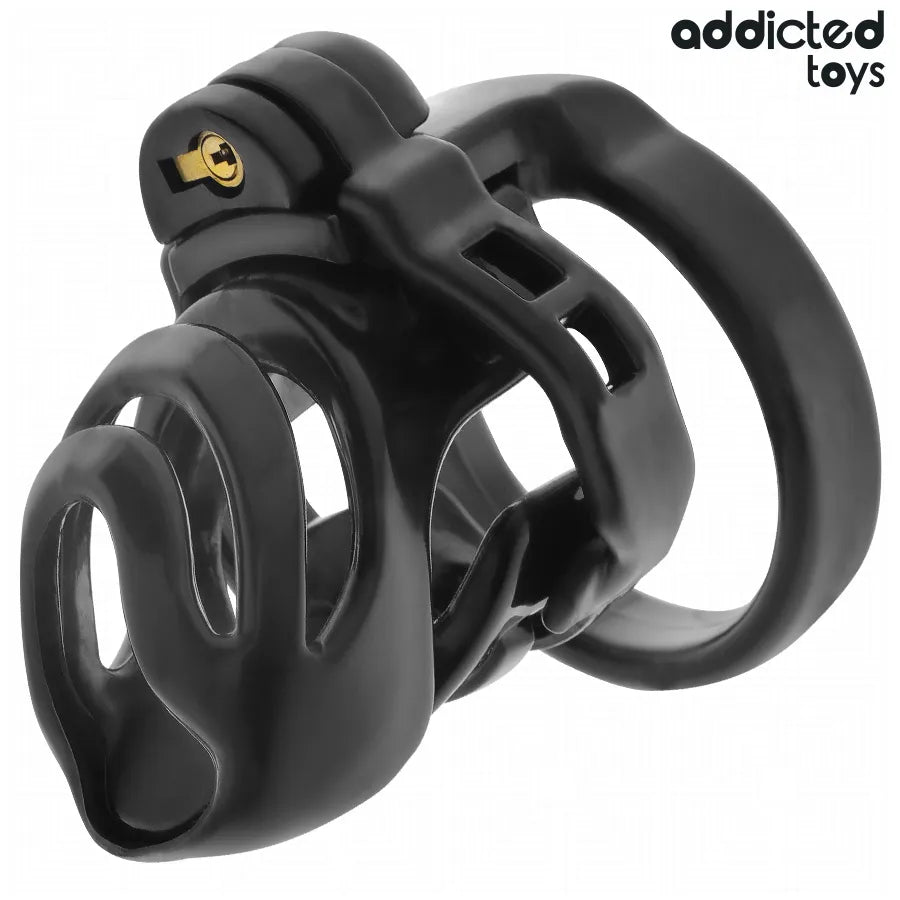 Cage de chasteté noire avec dilatateur urétral, design sécurisé et ajustable, idéale pour débutants et experts.