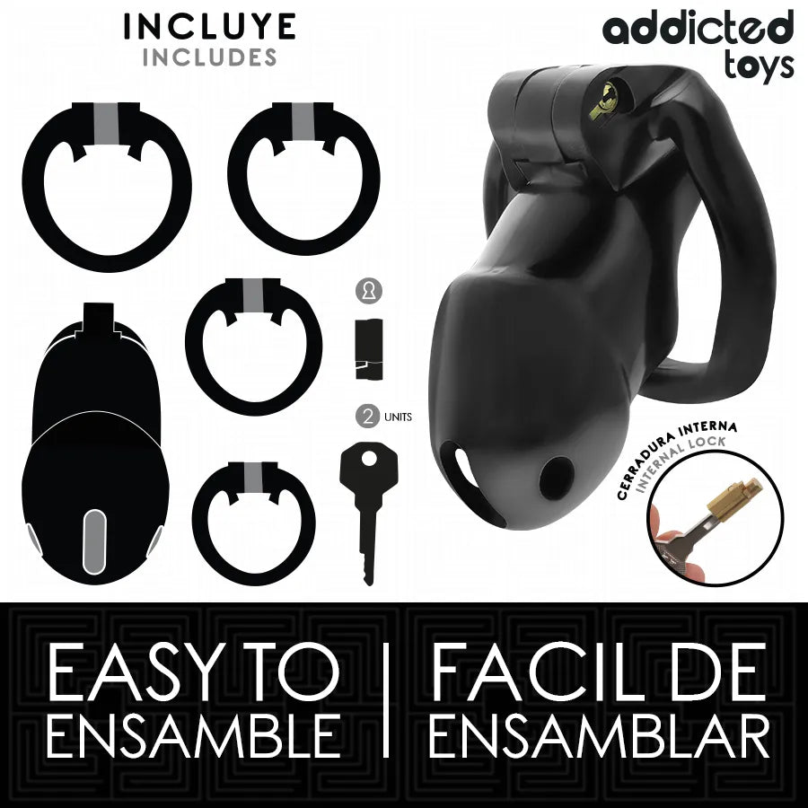 Cage de chasteté noire en matériaux solides, design ergonomique, serrure sécurisée, pour débutants et experts.