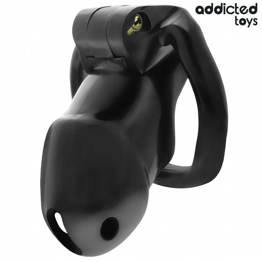 Cage de chasteté noire en matériaux solides, design ergonomique pour confort et sécurité, idéale débutants et experts.