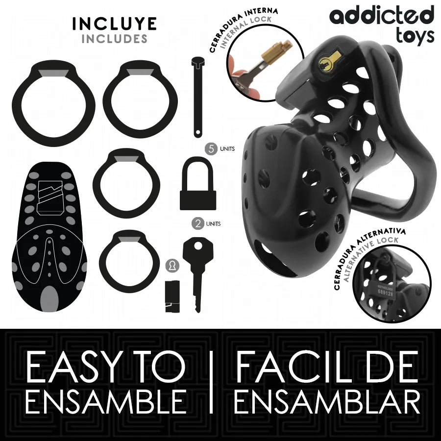 Cage de chasteté en métal robuste avec anneaux ajustables, cadenas inclus, pour contrôle et confort optimal.