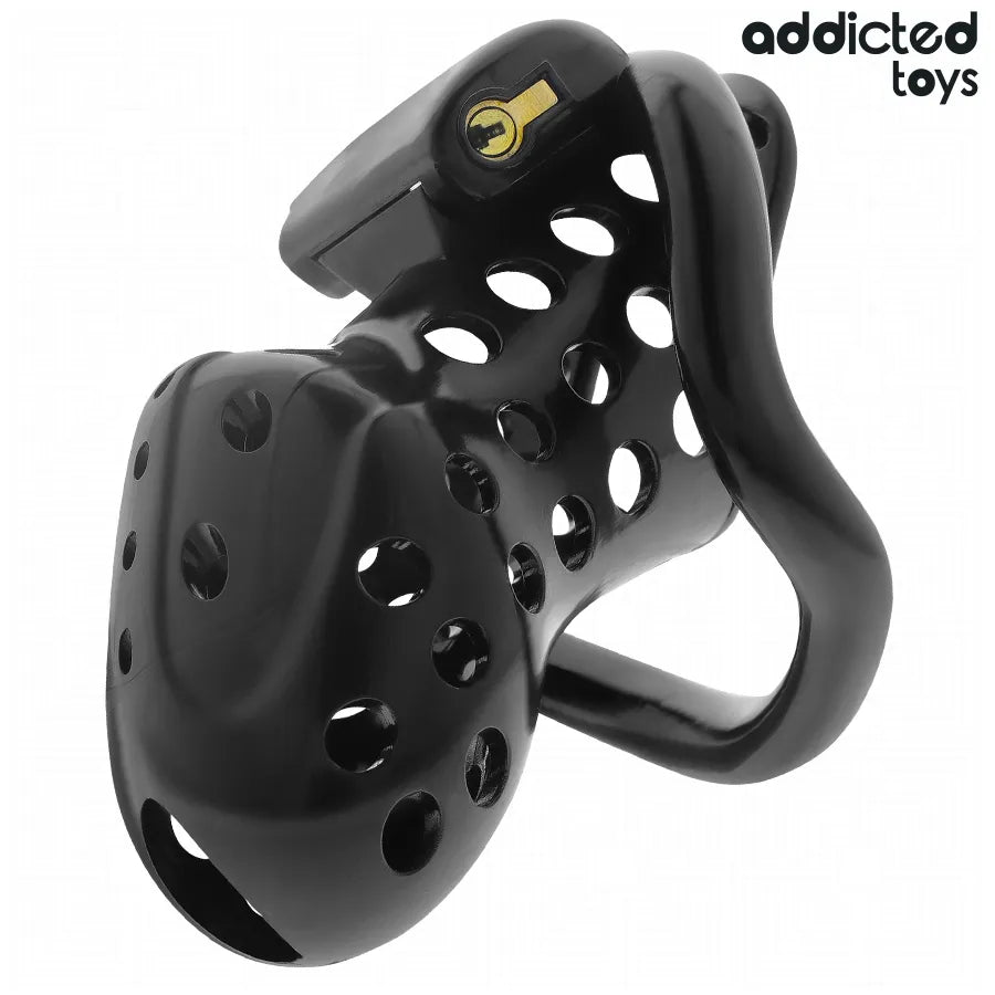 Cage de chasteté noire Addicted Toys, design perforé, avec cadenas doré, pour contrôle et confort optimal.