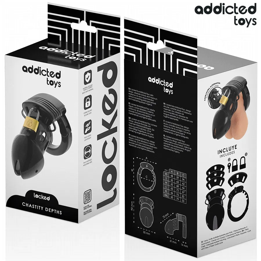 Cage de chasteté noire ajustable Addicted Toys, emballage sécurisé, confort et soumission, idéal débutants et experts.