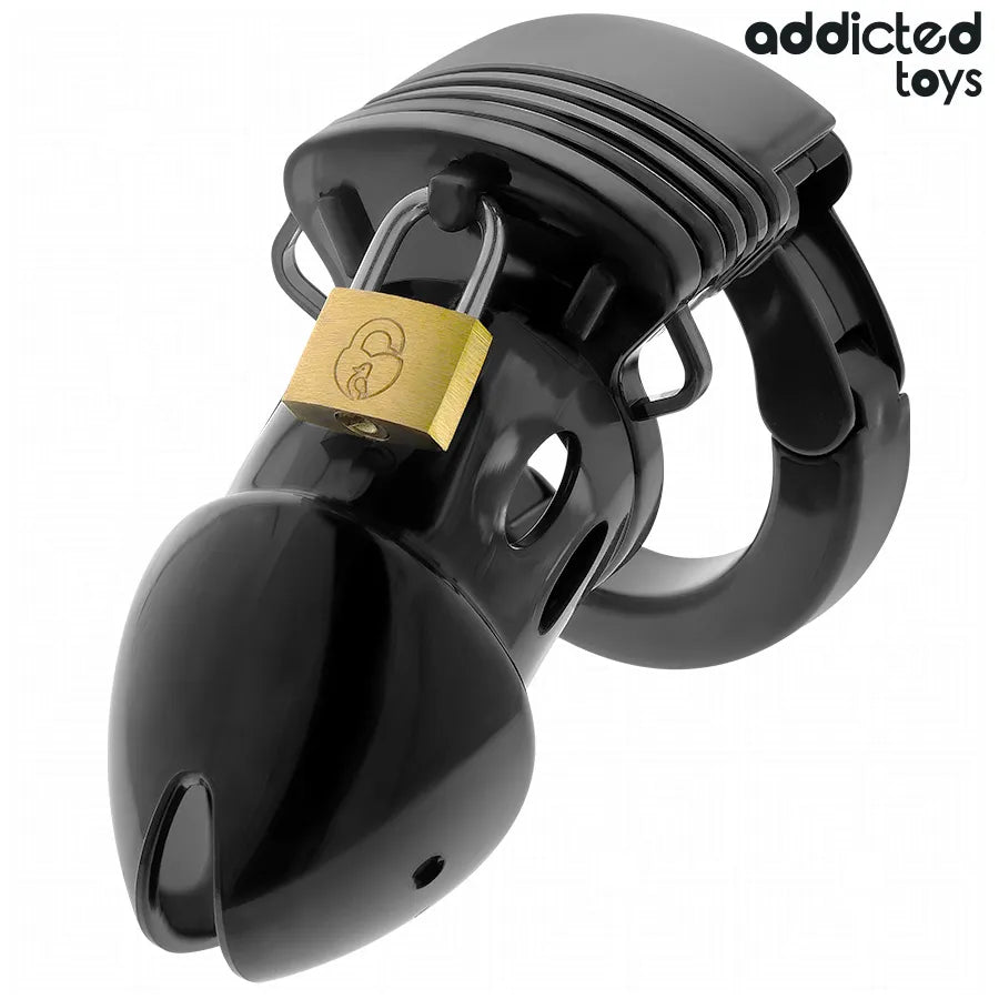 Cage de chasteté noire ajustable avec cadenas doré, design ergonomique pour confort et sécurité, Addicted Toys.
