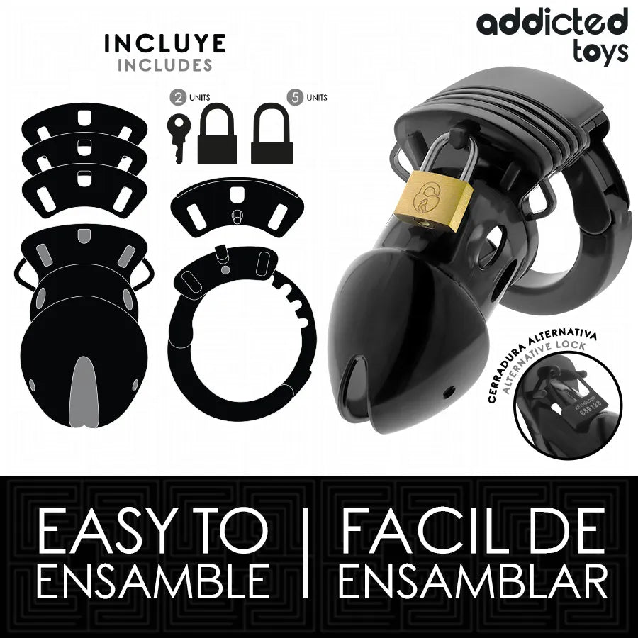 Cage de chasteté noire ajustable Addicted Toys, design ergonomique, sécurité et confort, idéale pour soumission.