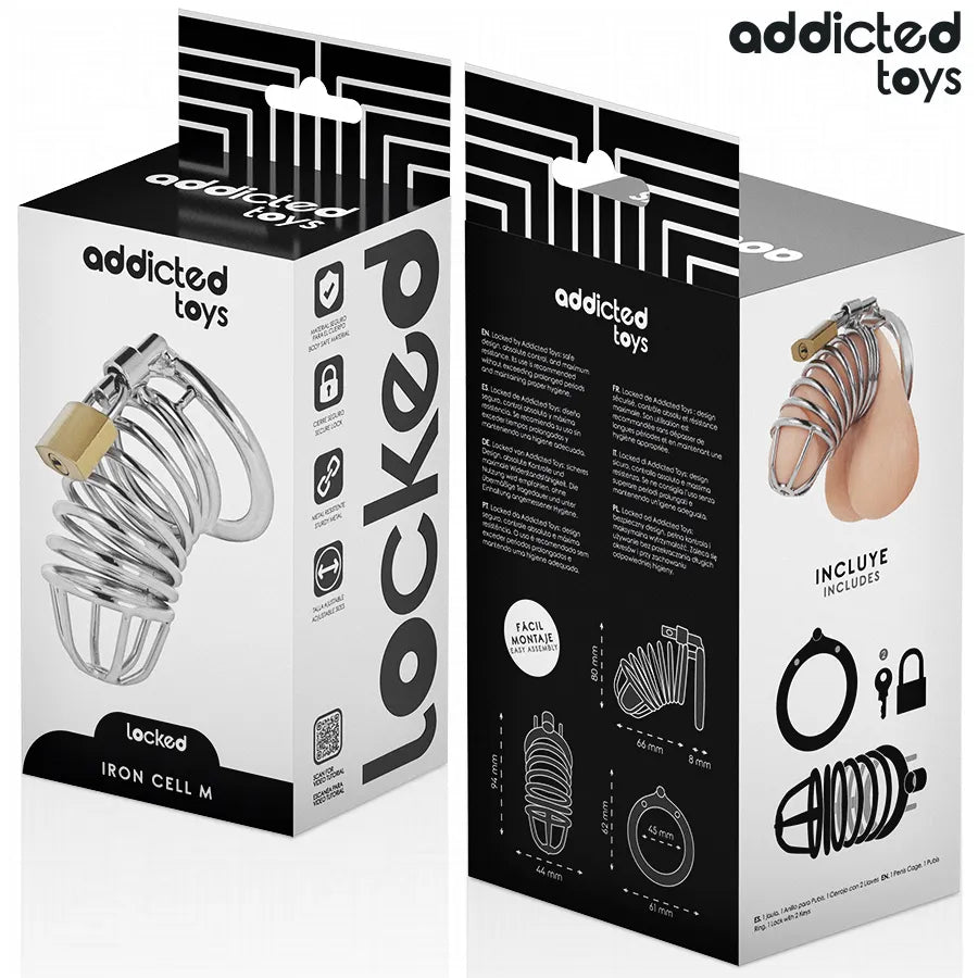Cage de chasteté en métal taille M, design élégant et sécurisé, couleur argentée, marque Addicted Toys, emballage visible.