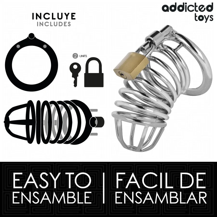 Cage de chasteté en métal argenté, taille M, design spiralé avec serrure dorée, sécurité et confort optimisés.