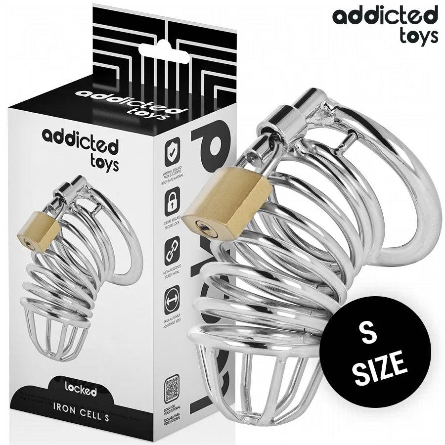 Cage de chasteté en métal argenté taille M, design robuste et sécurisé, avec cadenas, pour contrôle et confort optimal.