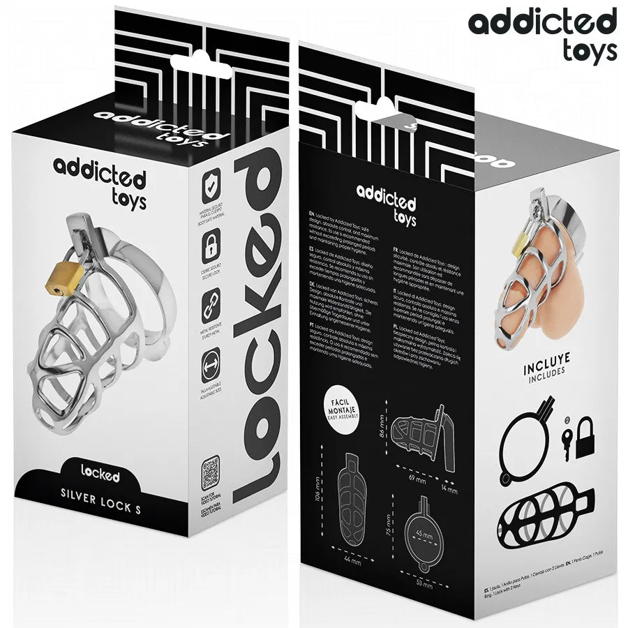 Cage de chasteté métal Silver Lock Addicted Toys, élégante, durable, sécurité, exploration, contrôle total.
