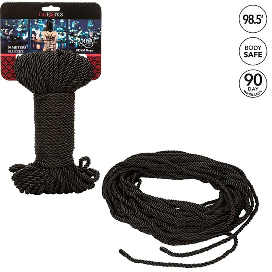 Corde BDSM noire Scandal 30m, douce et soyeuse, idéale pour Shibari et jeux de bondage créatifs.