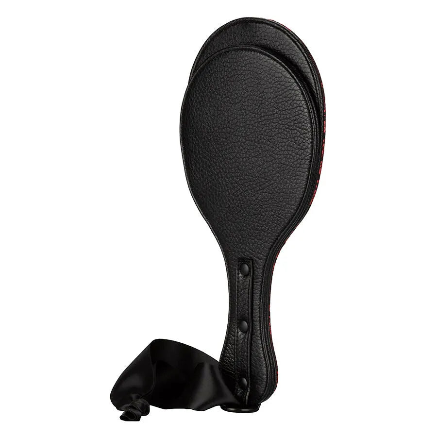 Palette double ronde Scandal noire en similicuir avec brocart, poignée robuste, idéale pour jeux coquins et fessées.