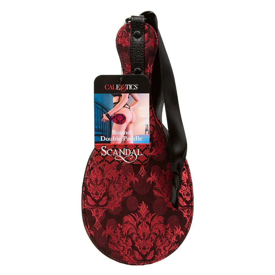 Palette double ronde Scandal rouge et noire en brocart soyeux avec poignée robuste en similicuir pour jeux coquins.