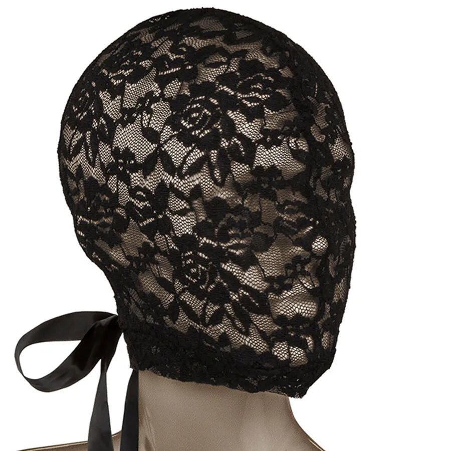 Cagoule en dentelle noire Scandal avec nœud, design corset, maille respirante, pour jeux de rôle et fantasmes.