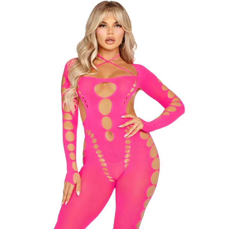 Bodystocking rose dos ouvert Leg Avenue, motifs découpés, manches longues, idéal festival rave, nylon élasthanne.
