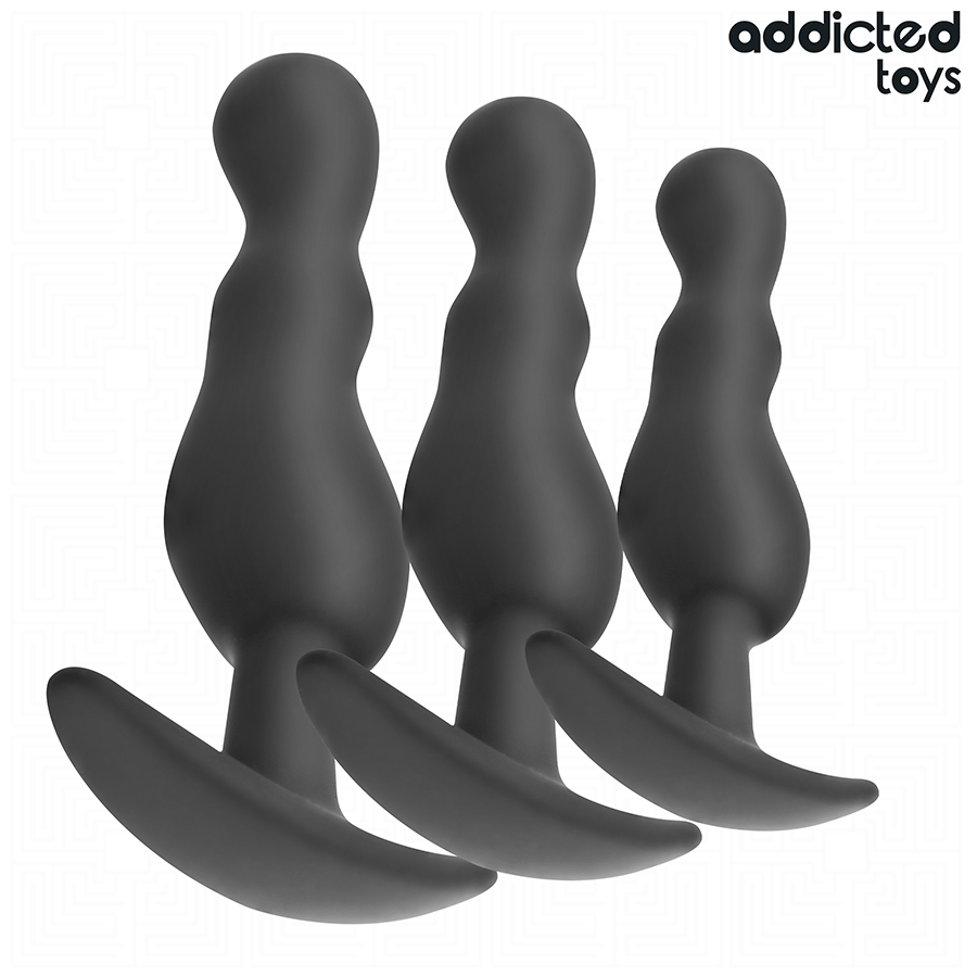 Plug anal noir Addicted Toys, lot de 3 tailles, forme ergonomique ondulée, base ancre pour sécurité et confort.