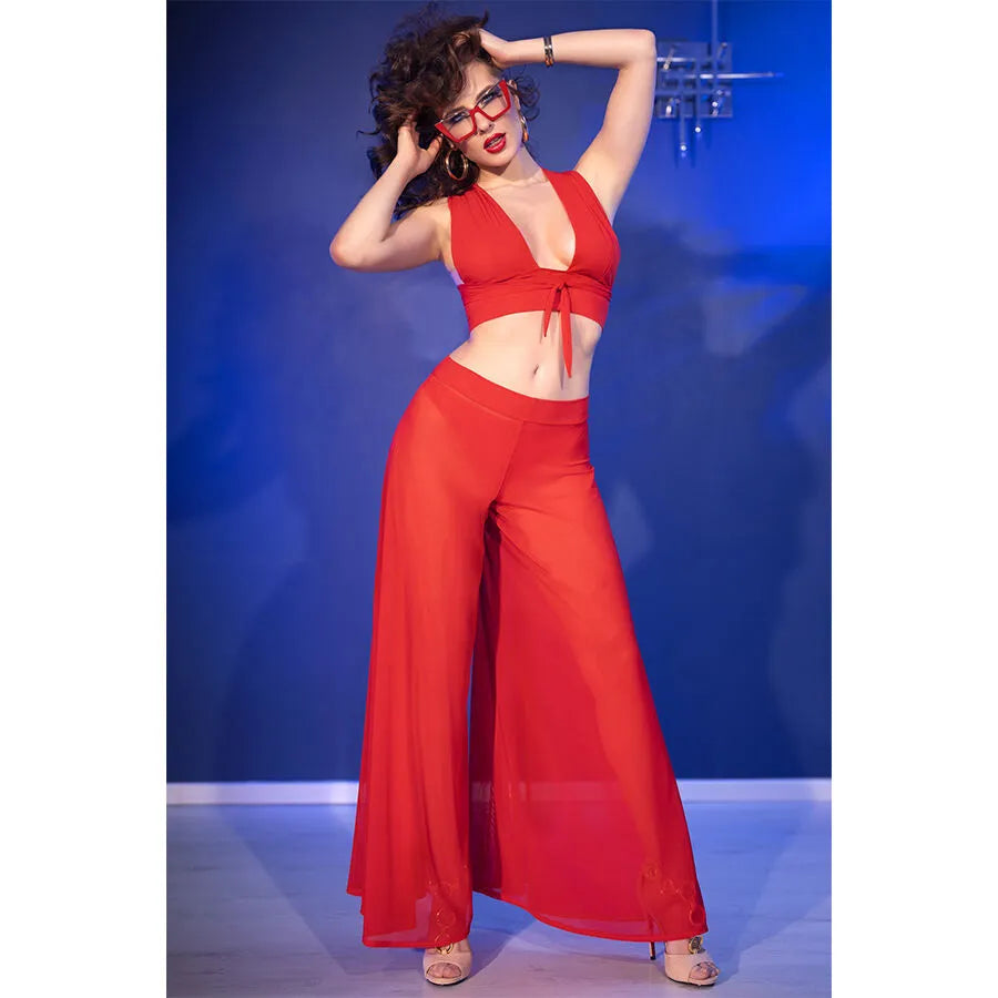 Ensemble rouge transparent Chilirose CR 4857, haut nouable et pantalon large, élégance sensuelle, tongs incluses.