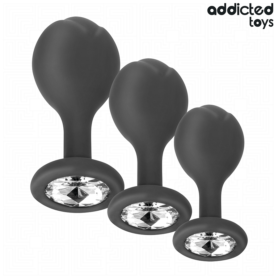 Plug anal Addicted Toys noir, trois tailles, forme sphérique avec bijou, design ergonomique pour stimulation progressive.