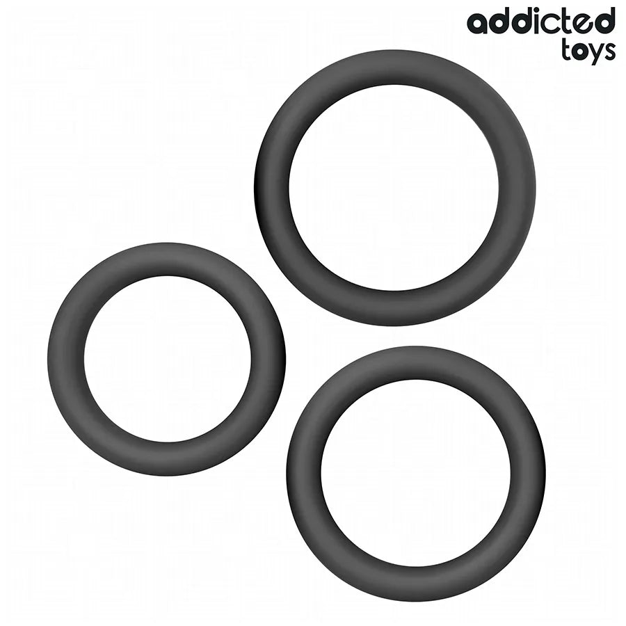 Anneaux péniens plats en silicone noir Addicted Toys, ergonomiques, doux et flexibles pour améliorer l'endurance sexuelle.