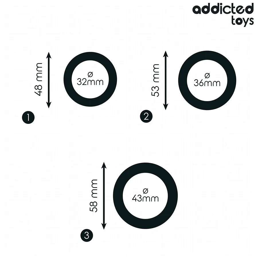 Anneaux péniens Addicted Toys en silicone noir, trois tailles pour stimulation et confort, haute qualité et durabilité.