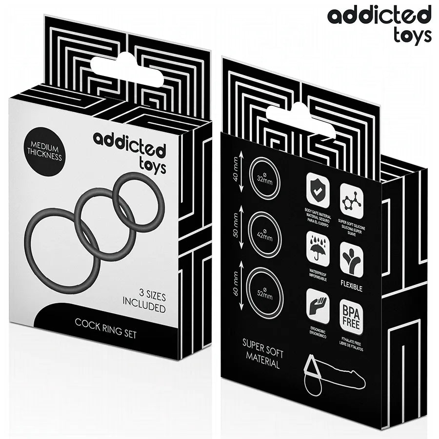 Anneaux péniens Addicted Toys en silicone noir, trois tailles, pour stimulation et performance, emballage moderne.