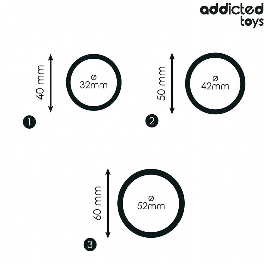 Anneaux péniens en silicone noir Addicted Toys, trois tailles: 32mm, 42mm, 52mm, pour stimulation intense et performance.