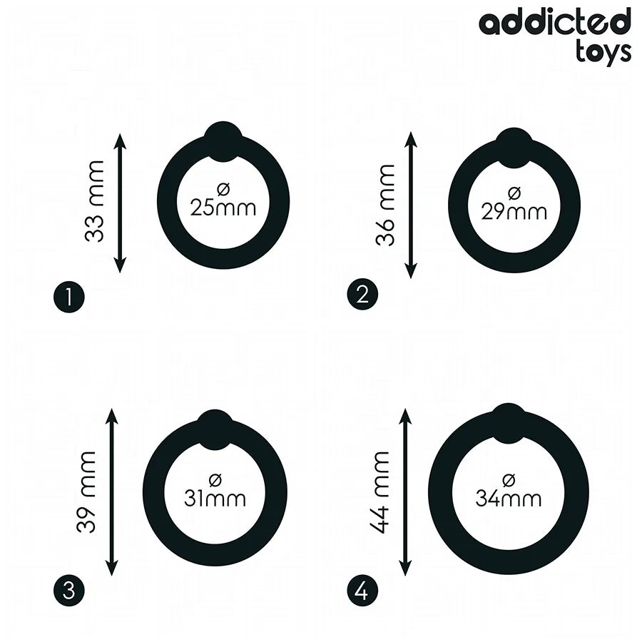 Anneaux en silicone noir Addicted Toys, quatre tailles, pour contrôle et stimulation; améliore fermeté et sensations.