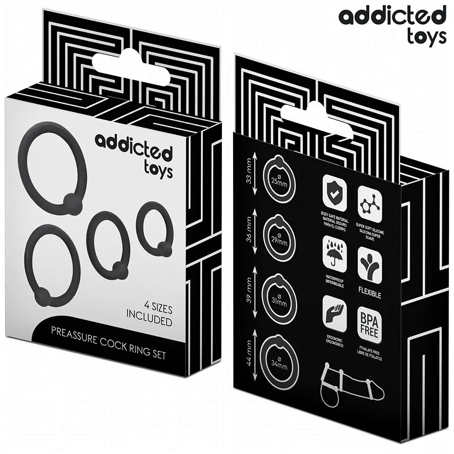 Ensemble d'anneaux en silicone noir Addicted Toys, quatre tailles, pour stimulation et contrôle pendant les rapports sexuels.