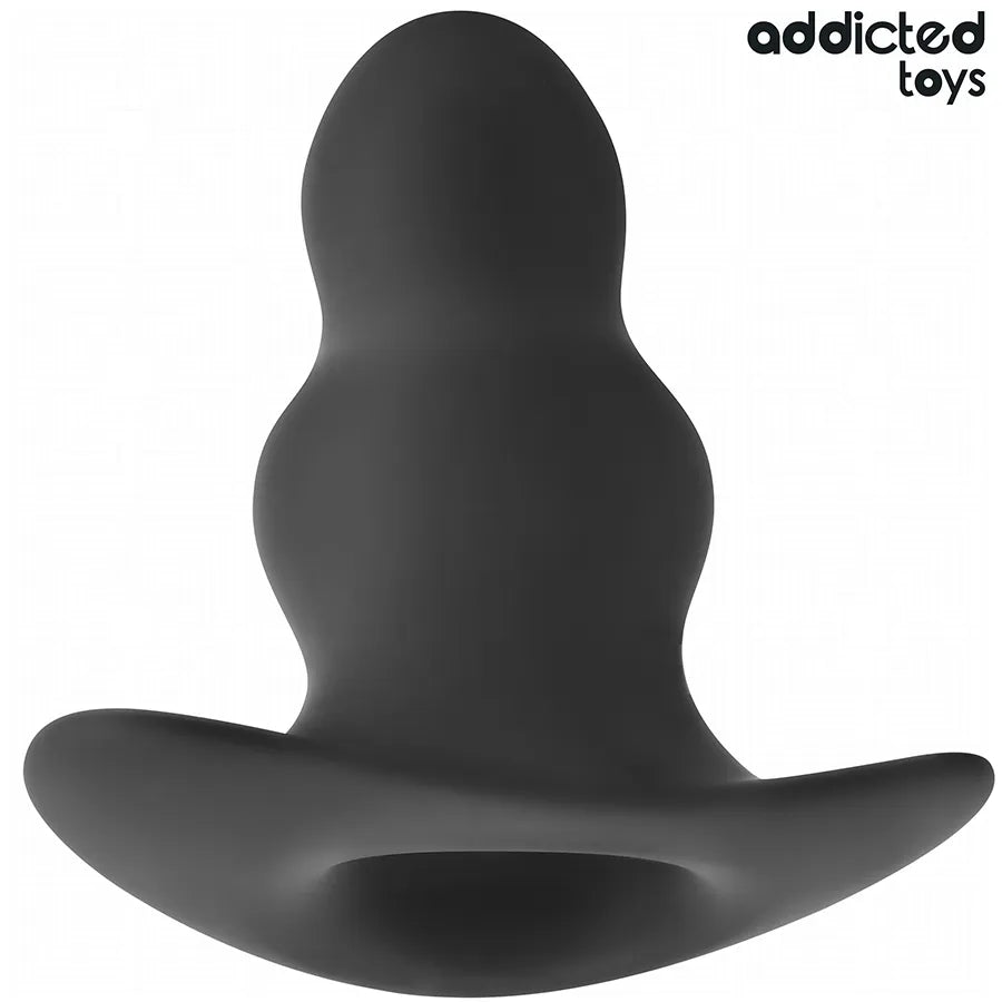 Plug anal creux XXL noir en silicone médical, forme bulbue et base large ergonomique, Addicted Toys.