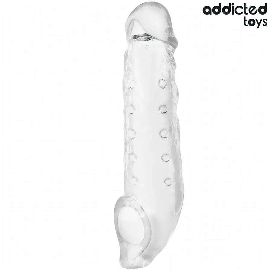 Extension pénis transparente Addicted Toys 23 cm, réaliste, texture nervurée, confort optimal pour intimité créative.