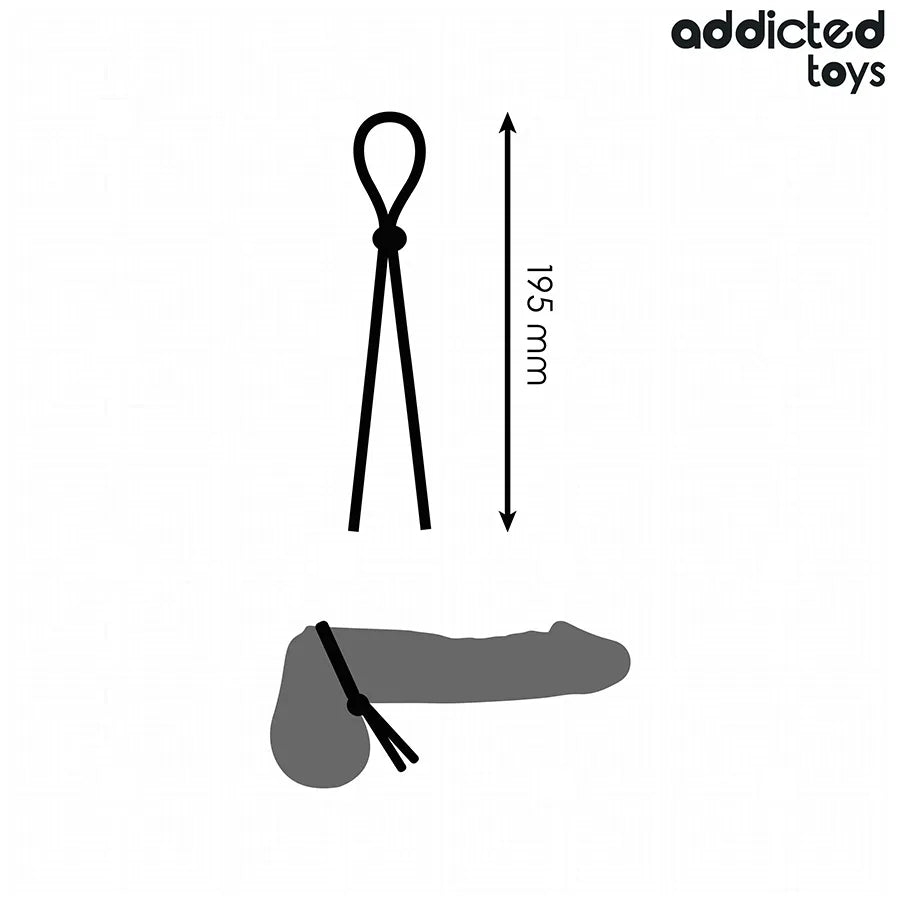 Corde en silicone noire pour pénis Addicted Toys, boucle unique, longueur 195 mm, flexible et ajustable.