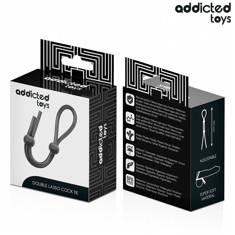 Corde pénis silicone noire à double boucle, Addicted Toys, flexible et ajustable, emballage élégant noir et blanc.