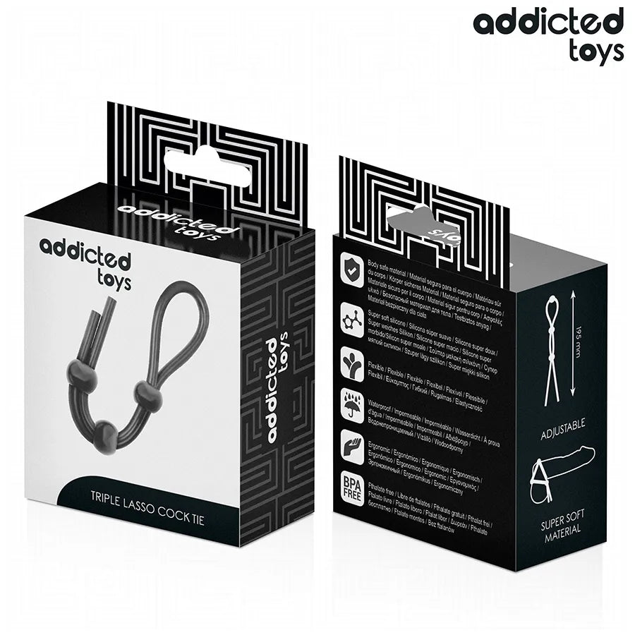 Corde pénis silicone noire à triple boucle, flexible et ajustable, dans emballage Addicted Toys.