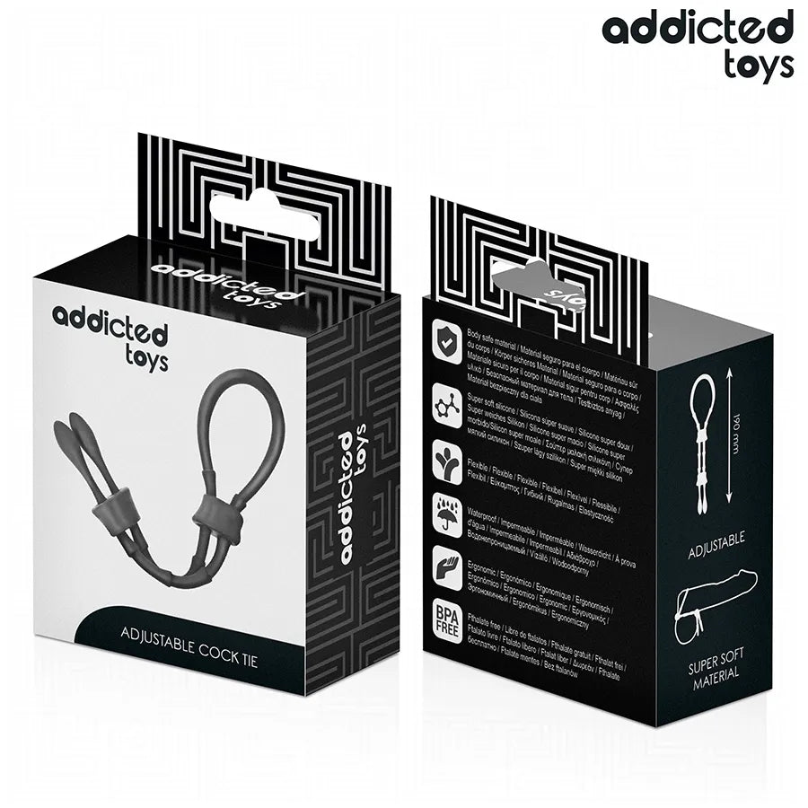 Corde en silicone réglable pour pénis Addicted Toys, noire, flexible, longueur 191 mm, emballage moderne et élégant.