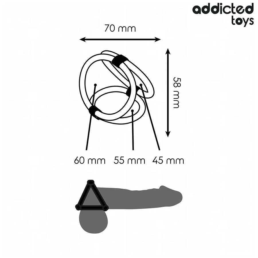 Anneau pénis triple noir Addicted Toys, trois tailles, design ergonomique pour confort et performance sexuelle optimale.