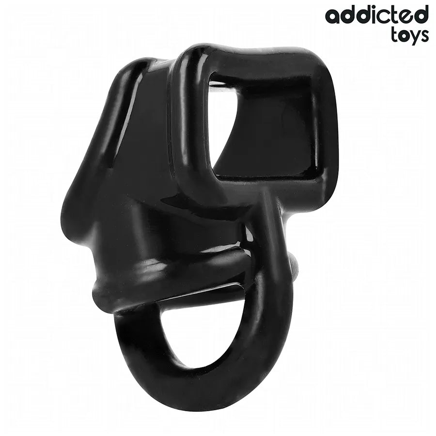Anneau pénien noir Addicted Toys en forme de cage, design ergonomique pour soutien et contrôle, 69 mm de hauteur.