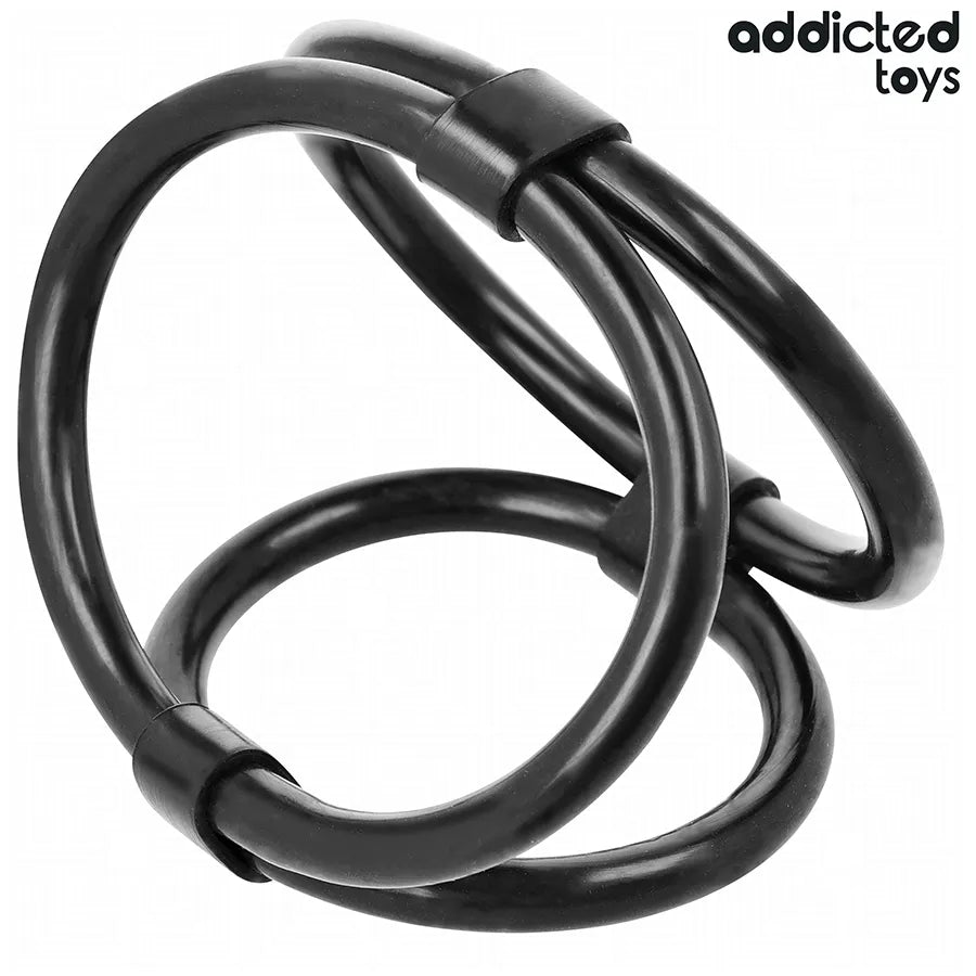 Anneau pénien triple noir Addicted Toys, trois tailles, silicone, améliore performance et confort, design ergonomique.