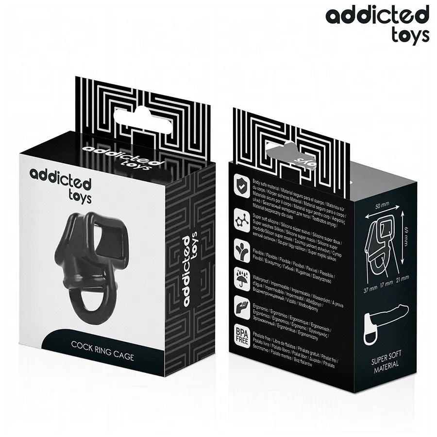 Anneau pénien noir Addicted Toys en forme de cage, boîte noire avec détails produit, pour soutien et contrôle érection.