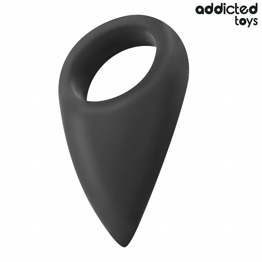 Anneau pénien noir en silicone, forme de larme, Addicted Toys, ergonomique pour stimulation et prolongation érection.