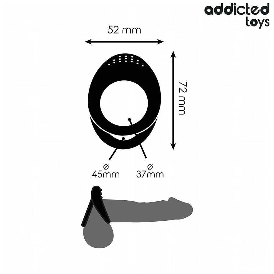 Anneau pénien noir Addicted Toys, double texture, 72x52mm, design ergonomique, stimulation accrue, prolongation érection.