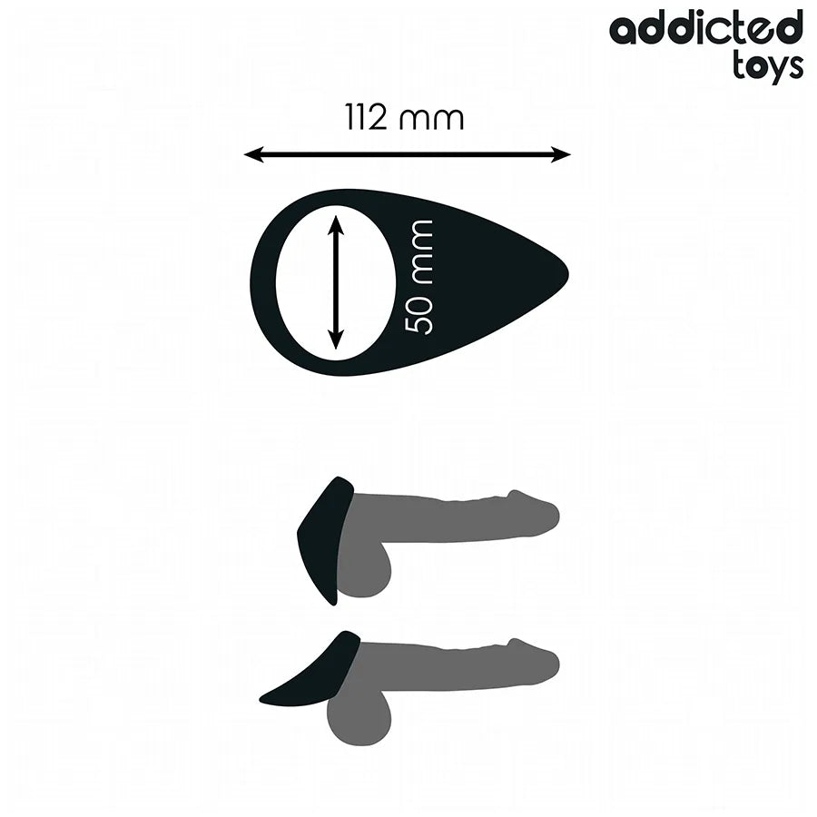 Anneau pénien Addicted Toys en forme de larme, noir, dimensions 112 mm x 62 mm, ergonomique pour stimulation accrue.