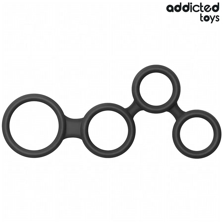 Anneau pénien noir Addicted Toys avec séparateurs testiculaires, design à anneaux multiples pour stimulation et confort.