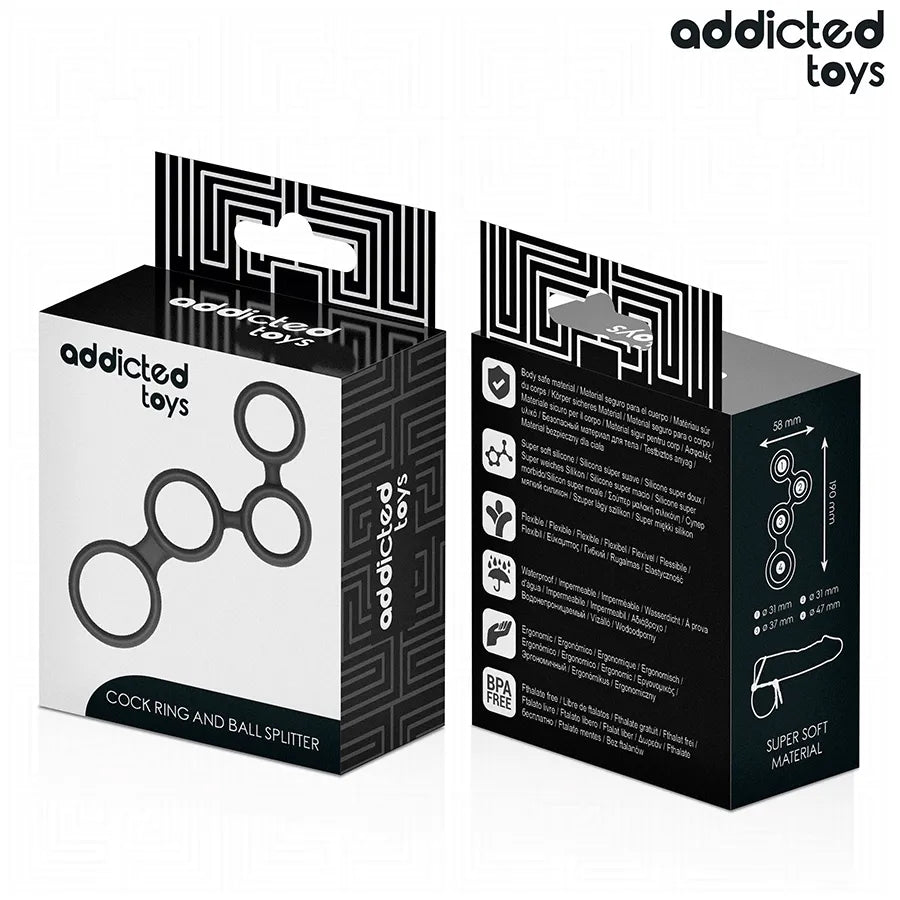 Anneau pénis noir avec séparateurs testiculaires, design à anneaux multiples, emballage Addicted Toys visible.