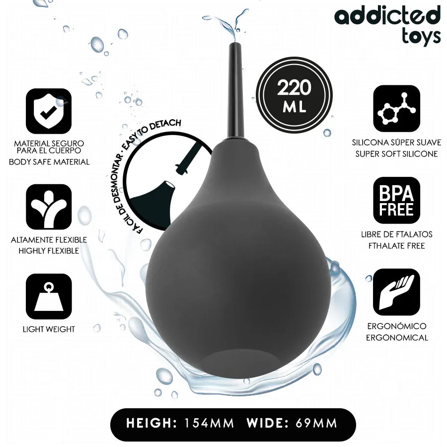 Nettoyant anal Addicted Toys 220 ml, noir, ergonomique, grande capacité, idéal pour nettoyage profond et efficace.
