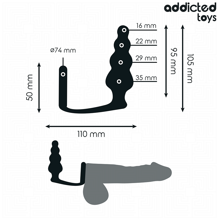 Plug anal Addicted Toys noir avec anneau testiculaire, design ergonomique, dimensions variées pour stimulation intense.