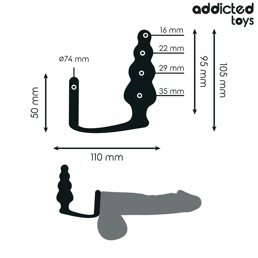 Plug anal Addicted Toys noir avec anneau testiculaire, design ergonomique, dimensions variées pour stimulation intense.